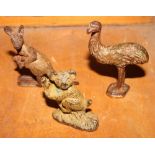 Three patinated bronze animals: a kangaroo, a koala bear and an emu, 3" high