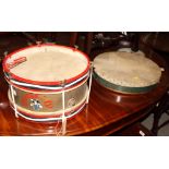 A brass snare drum, 16" dia, and a Celtic bodhran