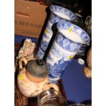 A pair of cylindrical blue and white vases, transfer printed Roman landscapes with chariots, 12 1/2"