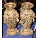 A pair of oriental cast and pierced brass vases, 14" high