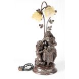 A French Art Nouveau style bronzed table lamp in the form of a young boy and girl, "Confidence", 28"