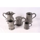 Five 19th Century pewter tankards, two with later spouts