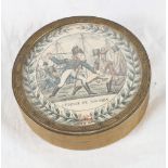 A circular engine turned gilt metal box, cover inset glazed print, "Combat de Navarin", 3 3/4" dia