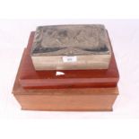 An oak workbox, 13" wide, a mahogany box, 12" wide, and an embossed and plated box, 8" wide