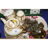 A Grafton floral and gilt decorated morning teaset, three brass door knockers decorated Lincoln Imp,