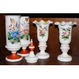 A pair of Victorian Bohemian milk glass vases decorated hand-painted flowers and frilled rims, 7 1/