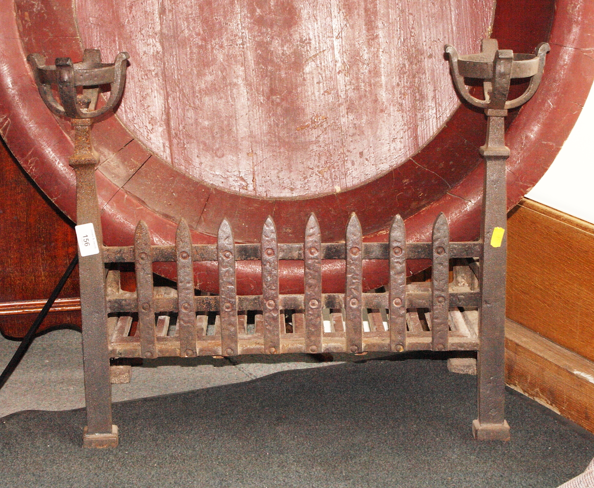 A wrought iron fire grate with cup/cresset terminals, 24" wide - Image 2 of 2