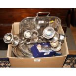 Three silver plated entrée dishes and covers, a plated tray, a plated five-light table candelabra, a