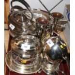 A pair of silver plated flower trumpets, an egg boiler, a Georgian design spirit kettle, an oval