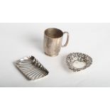 A silver christening mug, 3.1oz troy approx, and two silver pin trays, 1.9oz troy approx