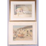 E Pretyman: two watercolours, Spanish scenes, woman with bullock cart and women washing, in wash