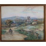 W J Morby: an early 20th Century watercolour, landscape with horse and cart, Rhyvyn church behind,