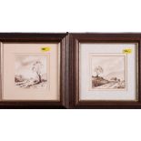 Arnold: a pair of monochrome sketches, landscapes with figures and buildings, 3 1/2" x 3 1/2", in