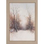 H Tilbert: a pair of watercolours, two views of a woodland path in summer and winter, 16" x 11"