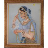 An Indian watercolour and body colour, portrait of a woman with a dove, 24" x 19", in gilt frame