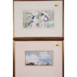 Jill Bland: watercolour sketch, women with umbrellas, 4 1/2" x 8", in gilt strip frame, and a