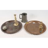 Two Johnny Walker embossed copper trays, a pewter tankard, three brass candlesticks and a serpentine