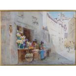 Henry Simpson 1901: watercolours, Venetian street scene with flower sellers and children, 11" x 15",