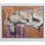 A watercolour, Irish wolfhound on a couch, 11" x 15", indistinctly signed