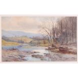 A V Sherwood?: watercolours, river landscape in autumn, 11" x 18 1/2", in gilt decorated frame