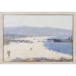 Norman Wilkinson: watercolours, scene at Gallipoli with figures and ambulances disembarking onto the