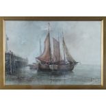 H Tilbert 1904: watercolours, fishing smacks drawn up by a breakwater, 12" x 18", in gilt frame