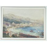 A 19th Century watercolour, view of Monaco with custom house in foreground, 10" x 14", in gilt