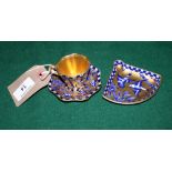 A Coalport miniature blue and gilt decorated cabinet cup and saucer, a similar dish and a