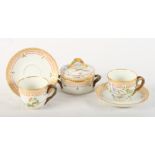 A pair of Royal Copenhagen "Flora Danica" cabinet cups and saucers and a matching covered sugar