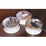 Three 19th Century pot lids with bases, "Garibaldi", "The Late Prince Consort" and "Fishing Boats"