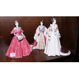 Three Royal Worcester limited edition china figures of Queen Victoria, Queen Elizabeth II and