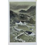 Patricia Butt: watercolours, mountainous landscape with crofters' cottages, signed, in gilt frame,