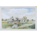 J Whitton: watercolours, landscape with stream and barn, 14" x 22", and two smaller watercolours,