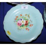 A set of six continental porcelain dessert plates with hand-painted floral centres on a turquoise