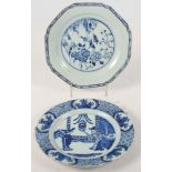 An 18th Century Delft plate, centre painted two Chinese figures, back inscribed "RODE"?, 9" dia (