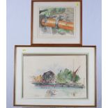 V Palev: watercolours, "Dickens Inn, St Catherine's Dock London 1984", 14" x 21", in strip frame,