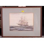 J Hussey: watercolours, three masted sailing ship, 7" x 10", signed and dated 1937, in brown