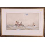 Frederick Dade: a pair of watercolours, three masted brig off a harbour and shipping off the