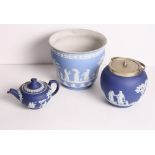 A Wedgwood blue jasperware jardinière decorated band of classical figures, a similar Wedgwood