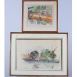 V Palev: watercolours, "Dickens Inn, St Catherine's Dock London 1984", 14" x 21", in strip frame,