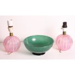 A pair of table lamps on spherical pink ribbed glass bases and a Clutha type glass bowl, 8" dia