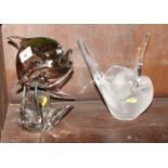 A Lalique frosted glass "Sylvie" vase moulded as two doves, 8" high, and a glass sculpture of a