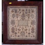 A 19th Century framed sampler worked trees, birds, central verse and floral meander border, Ann