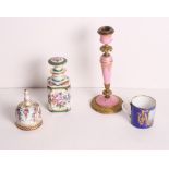 A French porcelain floral decorated scent bottle and stopper, 6" high, a French porcelain floral