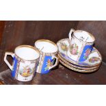 A set of three Bavarian porcelain "Dresden" pattern coffee cans and saucers