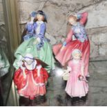 A Royal Doulton china figure, "Judith" HN2089, and three other Doulton figures, "Tinkle Bell", "