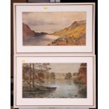 A 19th Century watercolour, rugged landscape with two figures beside a lake, 10" x 18 1/2", and