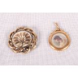 A 9ct gold pendant inset miniature of a young maiden and a gold brooch inset woven hair