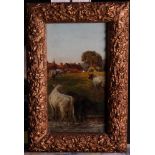 Alfred Fitzwalter Grace: oil on mahogany panel, cattle watering on a common, 4 1/2" x 8", in gilt