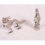 A Chinese export menu holder in the form of a dragon (one leg missing) and a white metal desk seal